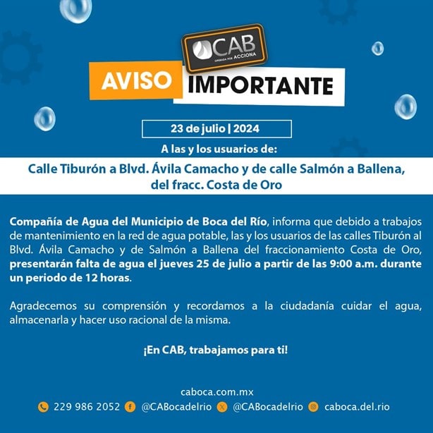 Este fraccionamiento en Boca del Río no tendrá agua potable este jueves 25 de julio