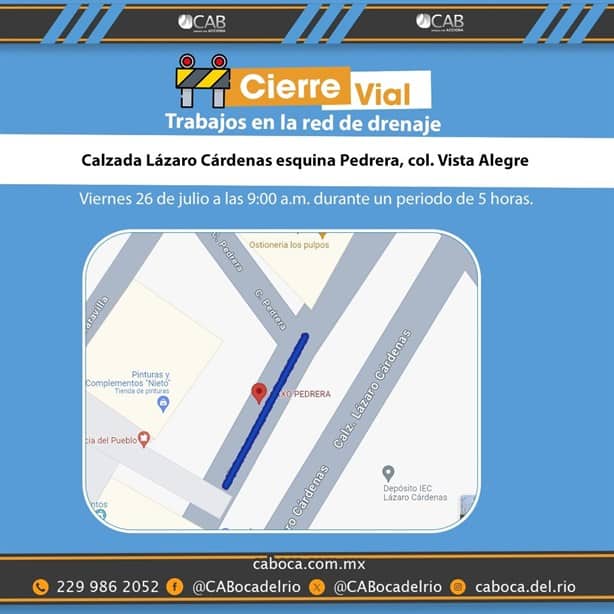 Habrá cierres viales por 5 horas en calles de Boca del Río por trabajos de CAB