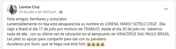 Reportan desaparición de Lorena Sotelo, veracruzana que viajó a Brasil por oferta de trabajo