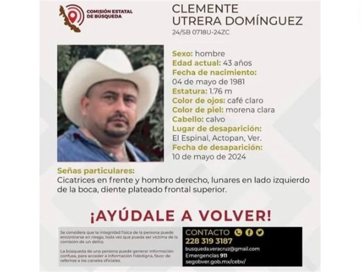 Clemente Utrera Domínguez desapareció el 10 de mayo en Actopan; su esposa lo busca 