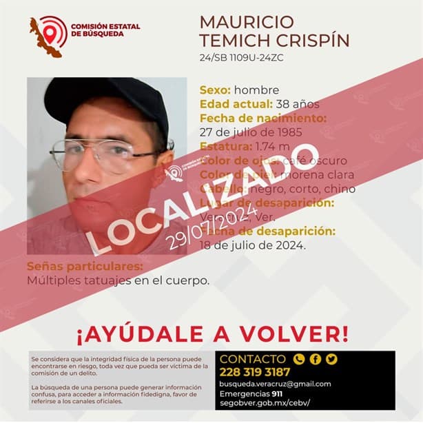 Localizan a Mauricio Temich Crispín, estaba desaparecido desde el 18 de julio en Veracruz