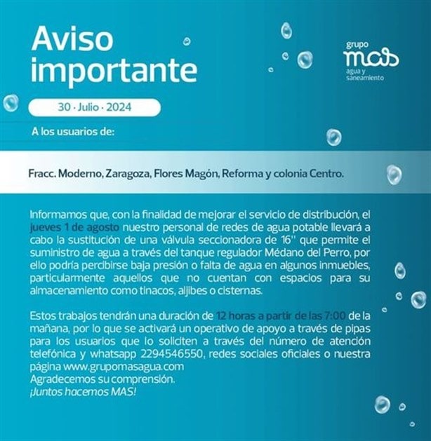 Estas 5 colonias en Veracruz no tendrán agua potable por 12 horas este 01 de agosto