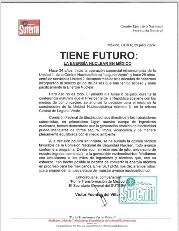 SUTERM respalda construcción de tercer reactor en Laguna Verde