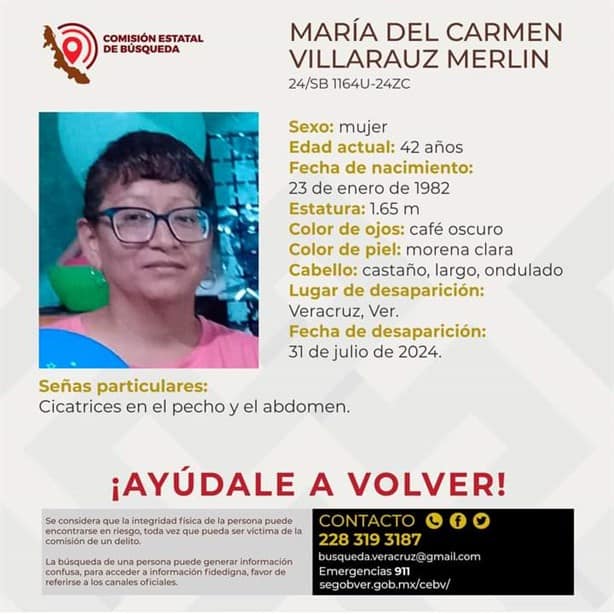 Piden ayuda para encontrar a María del Carmen Villarauz; desapareció en el puerto de Veracruz