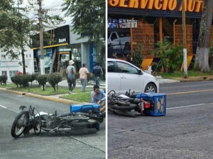 Se registra choque en Xalapa; moto repartidor y auto se impactan en la Ávila Camacho