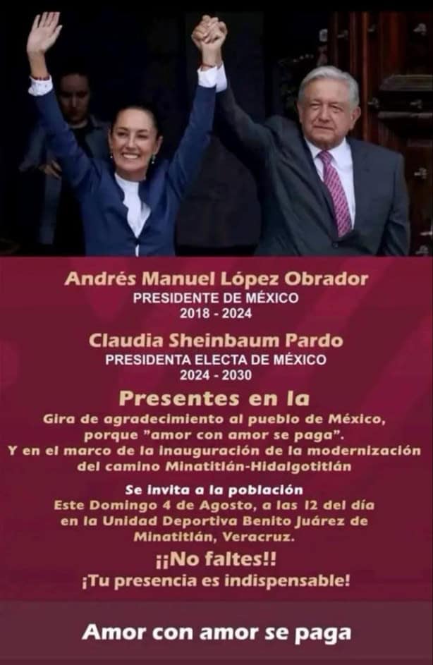 AMLO y Claudia Sheinbaum arribarán a Veracruz este domingo 04 de agosto