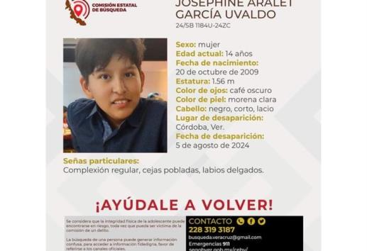 Josephine Aralet, de tan sólo 14 años, reportada como desaparecida en Córdoba
