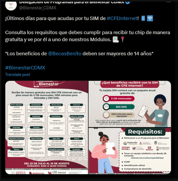 CFE: Esta es la fecha límite para recibir el chip con Internet GRATIS