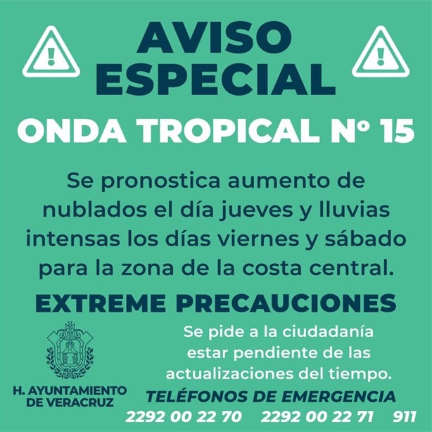 Emiten aviso por onda tropical 15 en Veracruz: habrá lluvias intensas