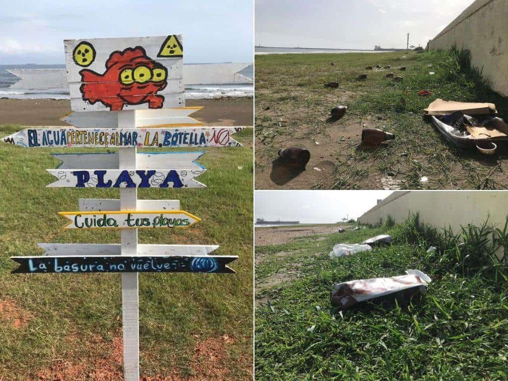 Porteños ignoran letreros y siguen ensuciando con basura las playas de Coatzacoalcos