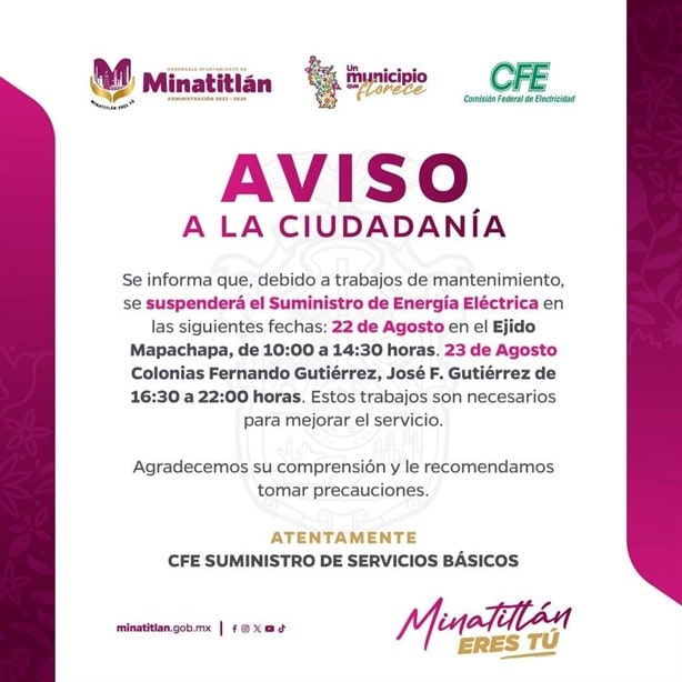 CFE: Suspenderán suministro de energía eléctrica este jueves en estas colonias de Minatitlán