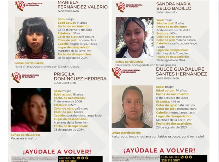 Se buscan a Sandra, Dulce, Mariela y Priscila, desaparecieron en Martínez de la Torre