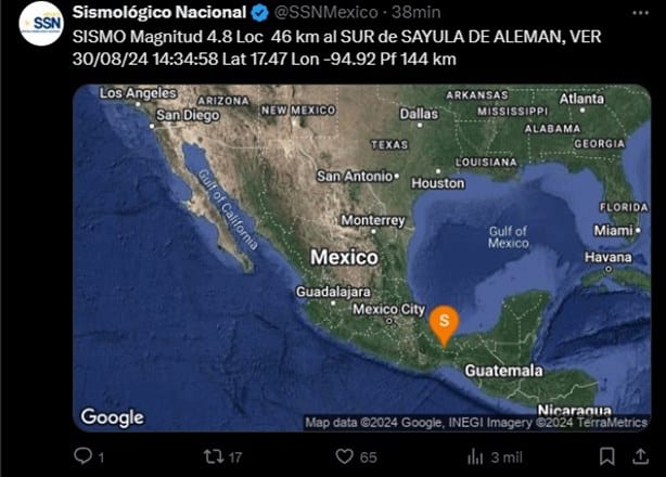 Sismo en Sayula de Alemán sacude a la región del istmo y el sur de Veracruz