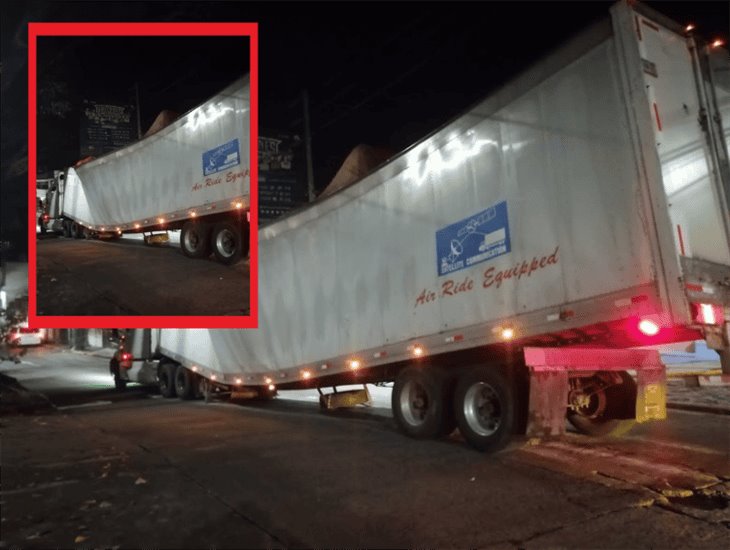 ¡En plena calle! mientras conducía, se parte la caja de un tráiler en Xalapa