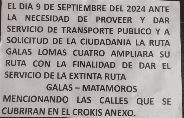 Ruta Galas-Lomas 4 ampliará su recorrido para cubrir la extinta Galas-Matamoros