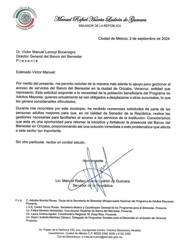 Manuel Huerta solicita apoyo para regreso del Banco del Bienestar en Orizaba