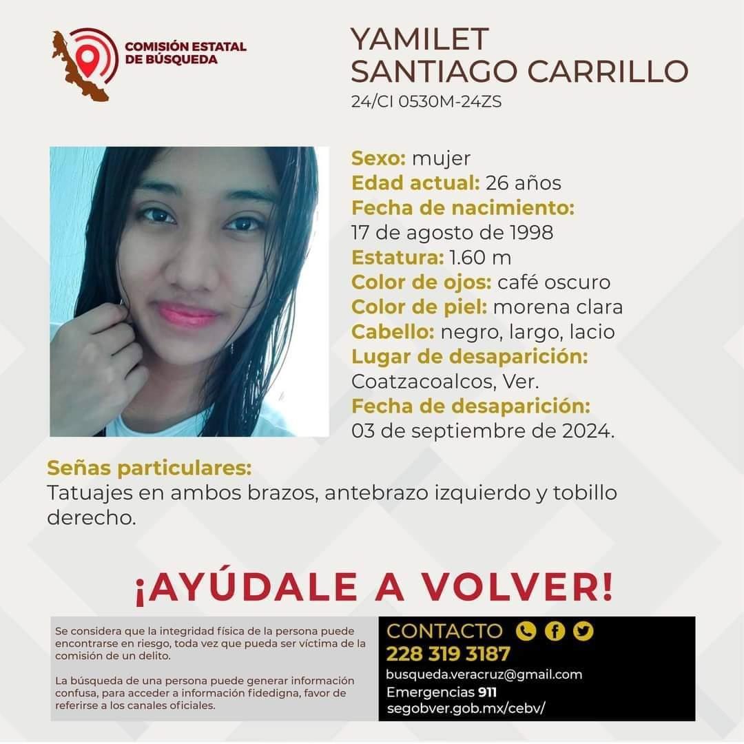 En Coatzacoalcos buscan a Yamilet Santiago Carrillo de 26 años