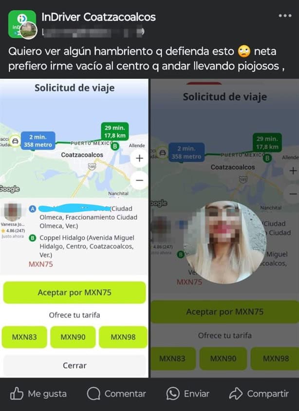 Chofer exhibe a usuaria de InDriver en Coatzacoalcos y lo terminan funando a él ¿cuál fue el motivo?