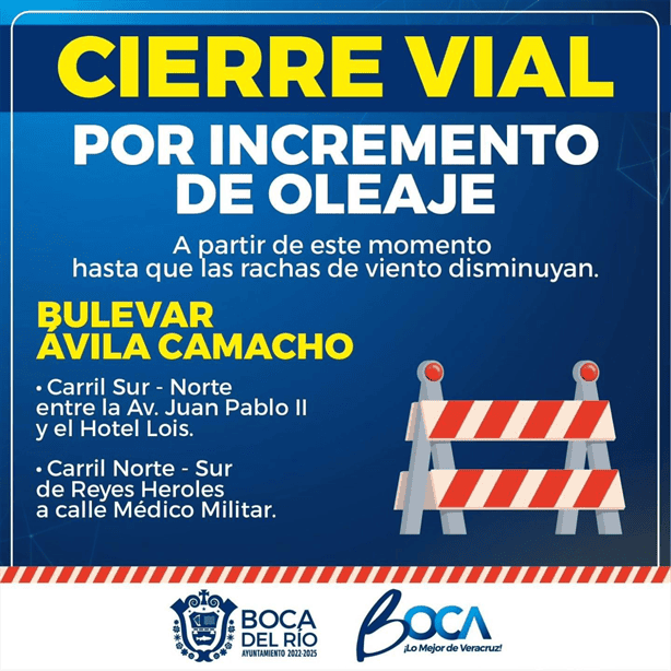 Cierre del bulevar Manuel Ávila Camacho se mantiene por fuertes vientos en Veracruz