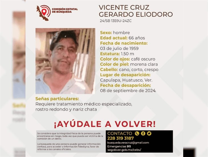 Se busca a Vicente, de 66 años, es reportado como desaparecido en Huatusco