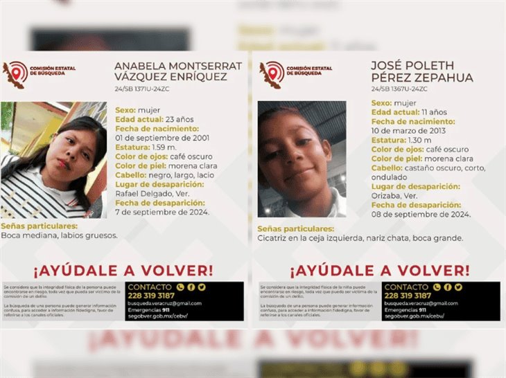 Se busca a José Poleth de 11 años y Anabela Monserrat de 23; están desaparecidas en Orizaba