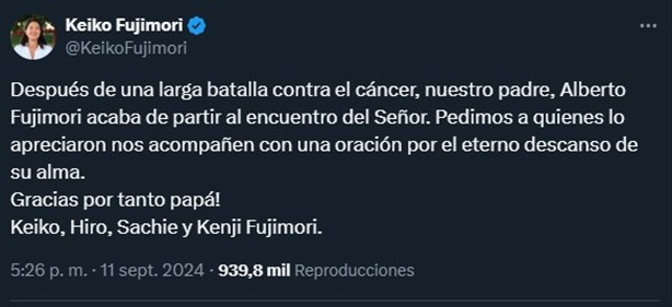 Alberto Fujimori, expresidente de Perú, muere a los 86 años