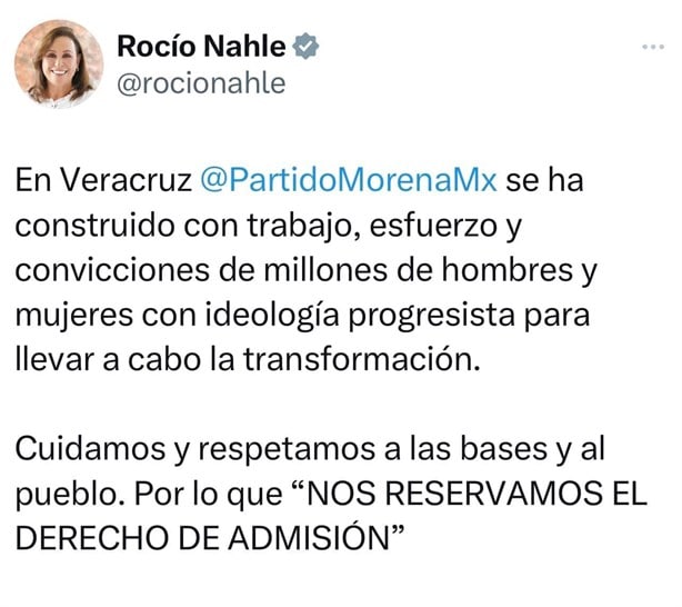 Rocío Nahle: Morena Veracruz se reserva derecho de admisión