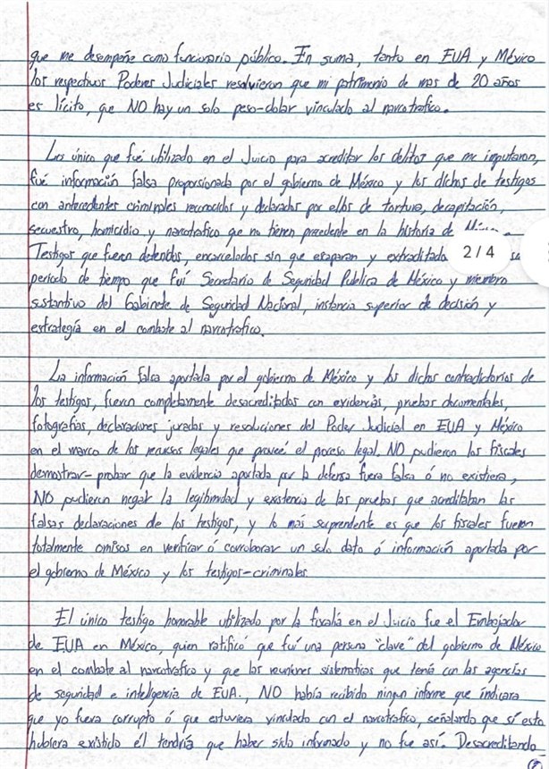 Con carta, García Luna acusa vínculos entre el Gobierno de México y el narco; insiste en su inocencia