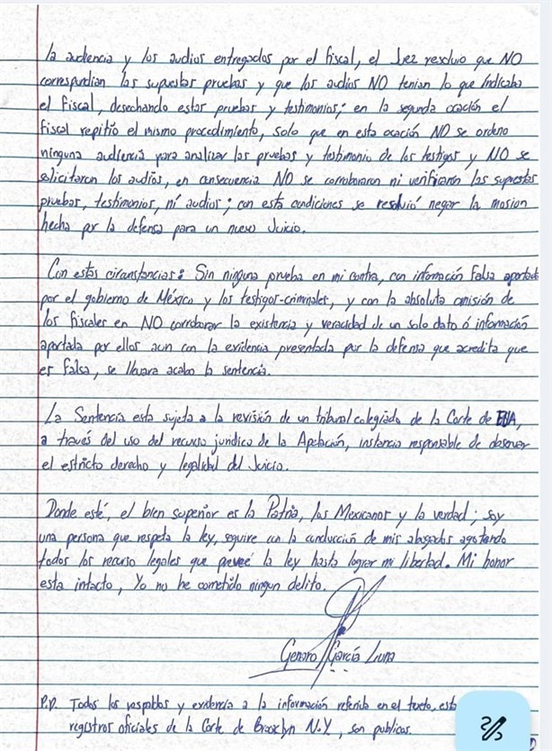 Con carta, García Luna acusa vínculos entre el Gobierno de México y el narco; insiste en su inocencia