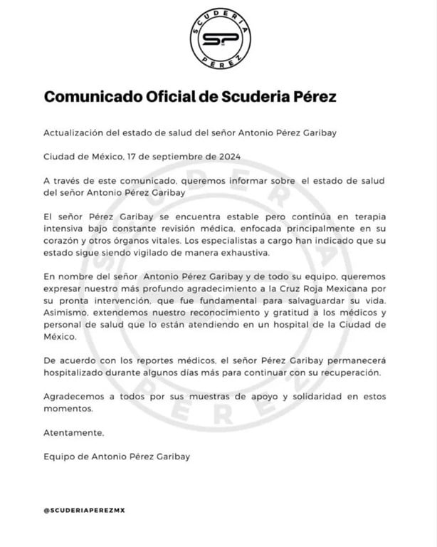 ¿Qué le pasó al papá de Checo Pérez? Antonio Pérez Garibay está en terapia intensiva