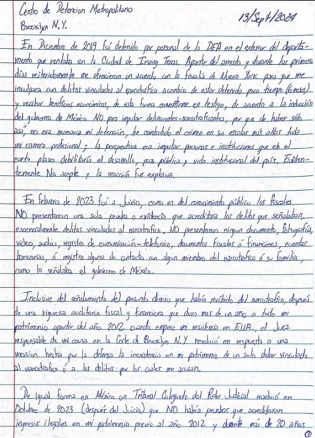 Con carta, García Luna acusa vínculos entre el Gobierno de México y el narco; insiste en su inocencia