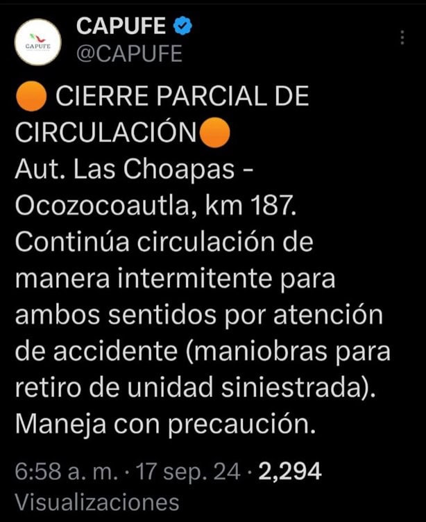 Alertan por cierre parcial en este tramo de la carretera Las Choapas-Ocozocoautla