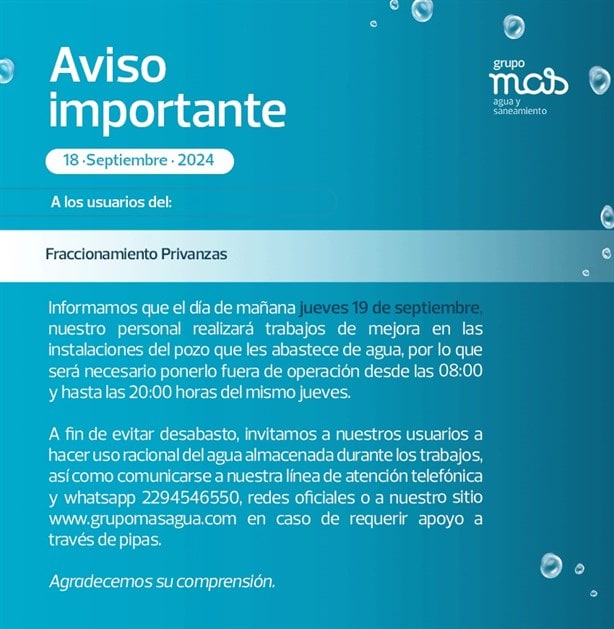 A esta hora regresará el agua a un fraccionamiento en Veracruz tras trabajos de Grupo MAS