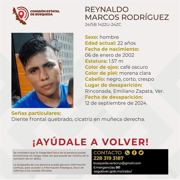 Buscan a Reynaldo Marcos Rodríguez en Rinconada, Veracruz