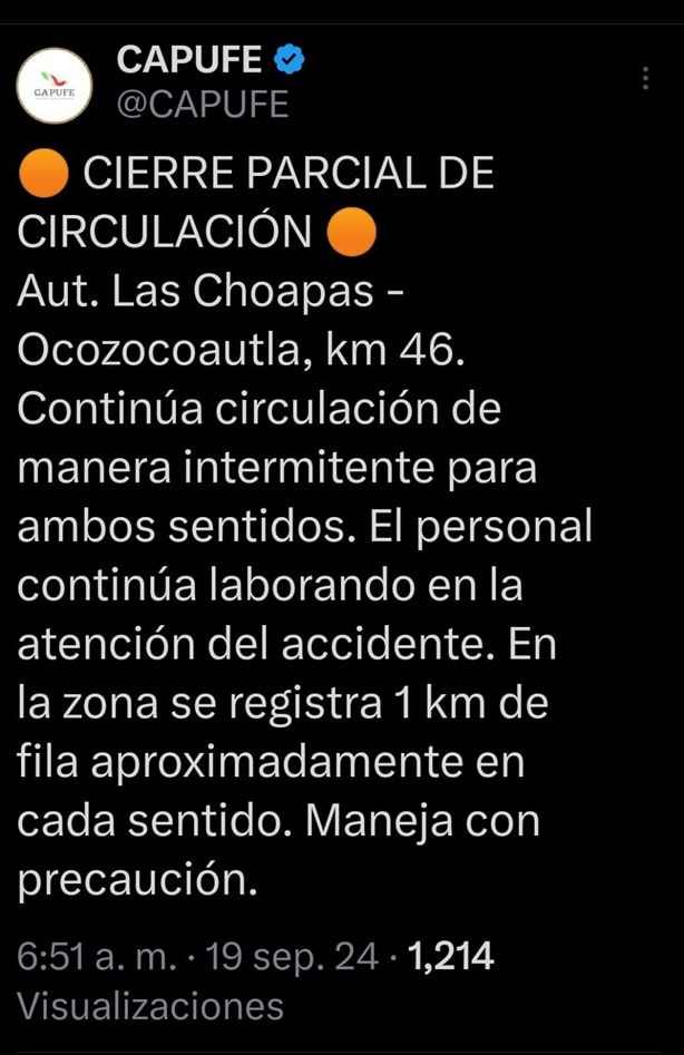 Cierre parcial en la carretera Las Choapas-Ocozocoautla por percance carretero