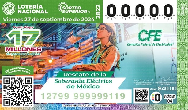 Lotería Nacional: fecha y cuál es el premio del sorteo que conmemora a la CFE