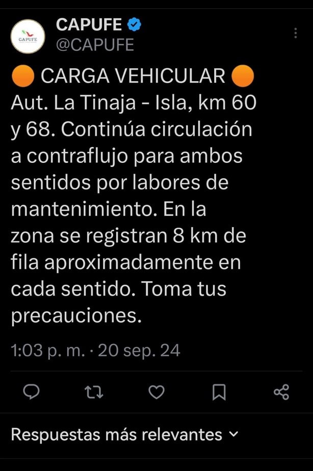 Reportan filas de hasta 8 kilómetros en la autopista La Tinaja-Isla ¡Extrema precauciones!