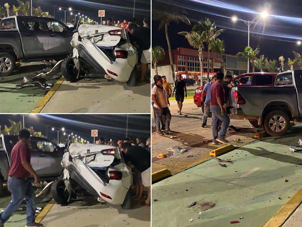 Autos se destrozan en carambola en el Malecón de Coatzacoalcos