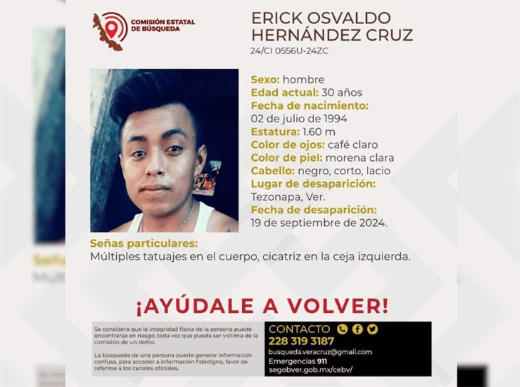 Buscan a Erick Osvaldo, de 30 años, está desaparecido en Tezonapa