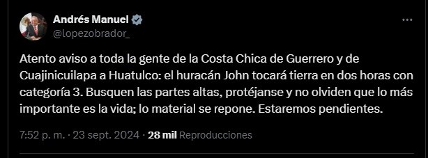 Huracán John impactará en categoría 3 las costas de Guerrero y Oaxaca; AMLO emite alerta