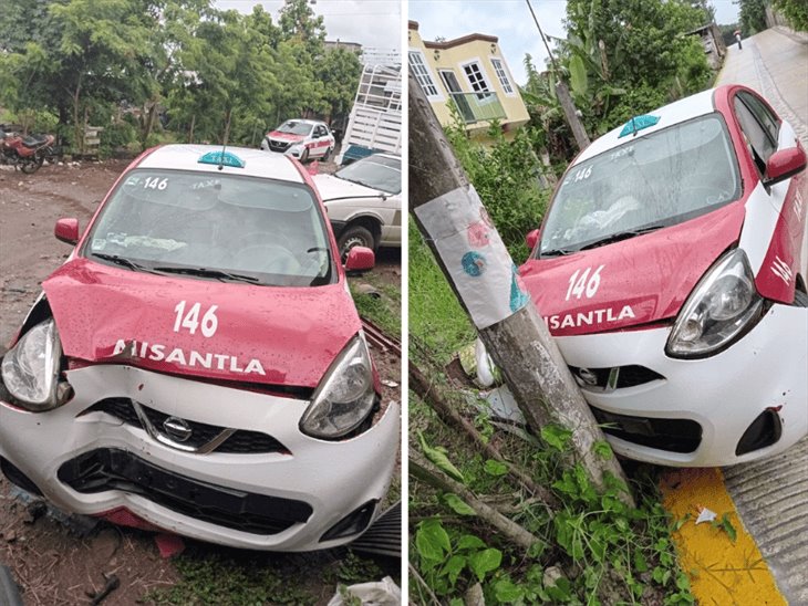 Taxi se impacta contra un poste de luz en Misantla