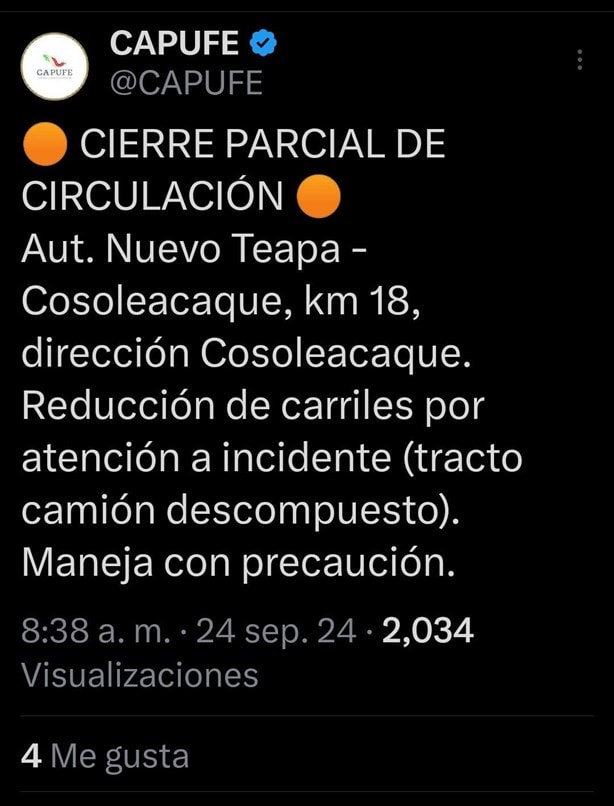 Alertan por reducción de carriles en autopista 180D Nuevo Teapa- Cosoleacque