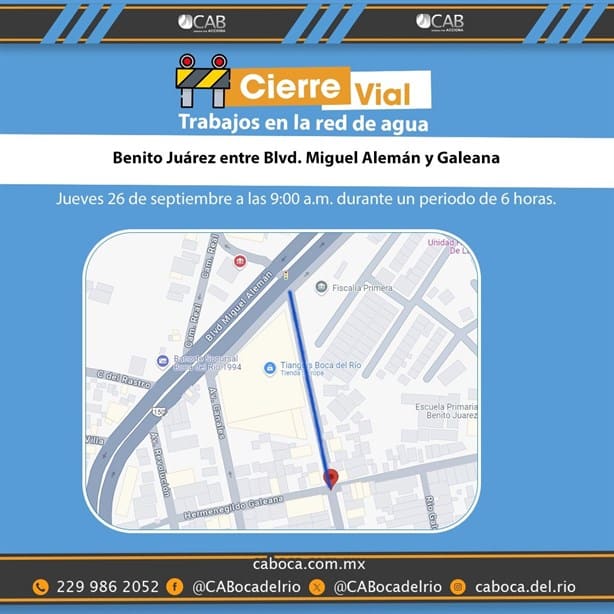 Alertan por cierre vial en Boca del Río este jueves 26 de septiembre