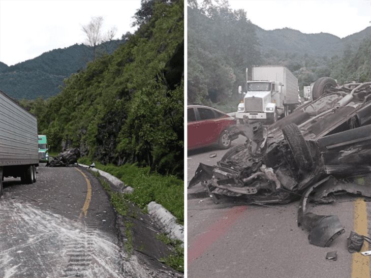 Tráiler se queda sin frenos en Maltrata; ocasiona choque y volcadura