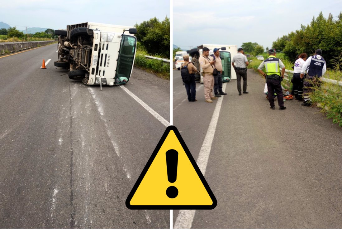 Vuelca camioneta de productos lácteos tras accidente en carretera Cardel-Nautla