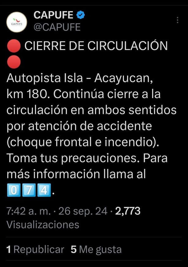 Cierran autopista Acayucan -Isla por choque e incendio en el kilómetro 189