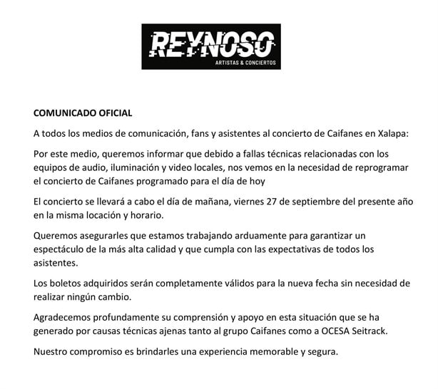 ¿Cuándo se repondrá el concierto de Caifanes en Xalapa,  tras ser suspendido el jueves 26 de septiembre?