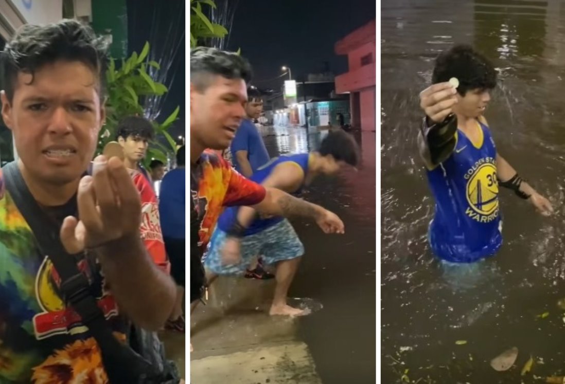 Influencer en Veracruz se hace viral por hacer parodia de sacamonedas en avenida inundada | VIDEO