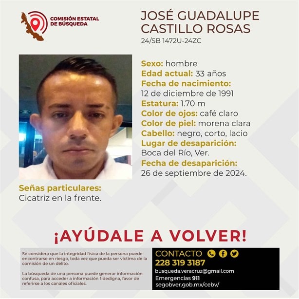 Se busca a José Guadalupe Castillo Rosas, desaparecido en Boca del Río