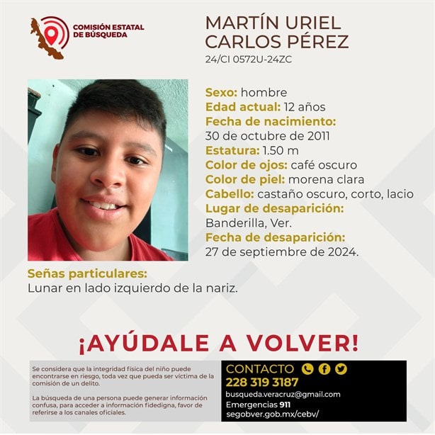 Buscan a Martín Uriel de 12 años, desapareció en Banderilla, Veracruz